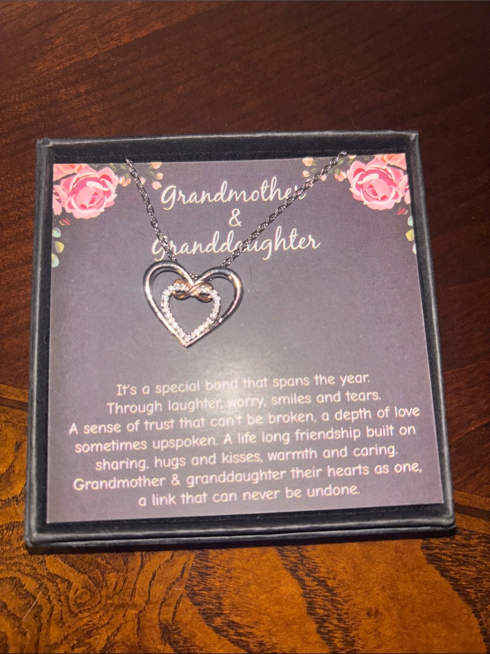 NIB Grandmother & Granddaughter Silver Heart Necklace with Infinity Accent